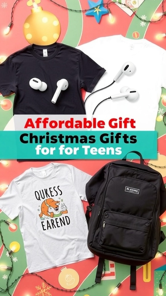 A collection of budget-friendly Christmas gifts for teens, featuring various items like earbuds, t-shirts, and a backpack.